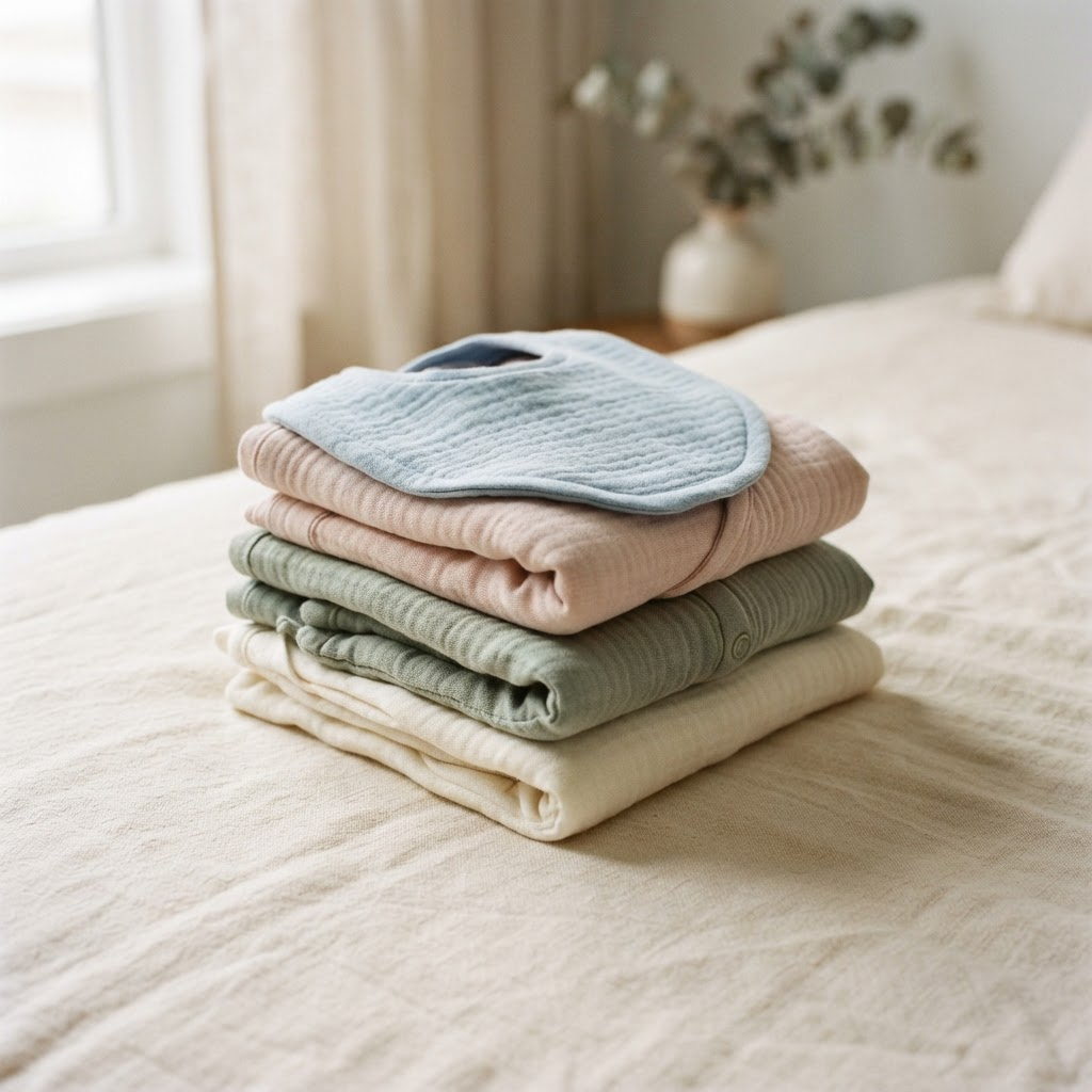A folded stack of ivory, sage, blush and powder blue muslin baby clothes on a cream linen surface