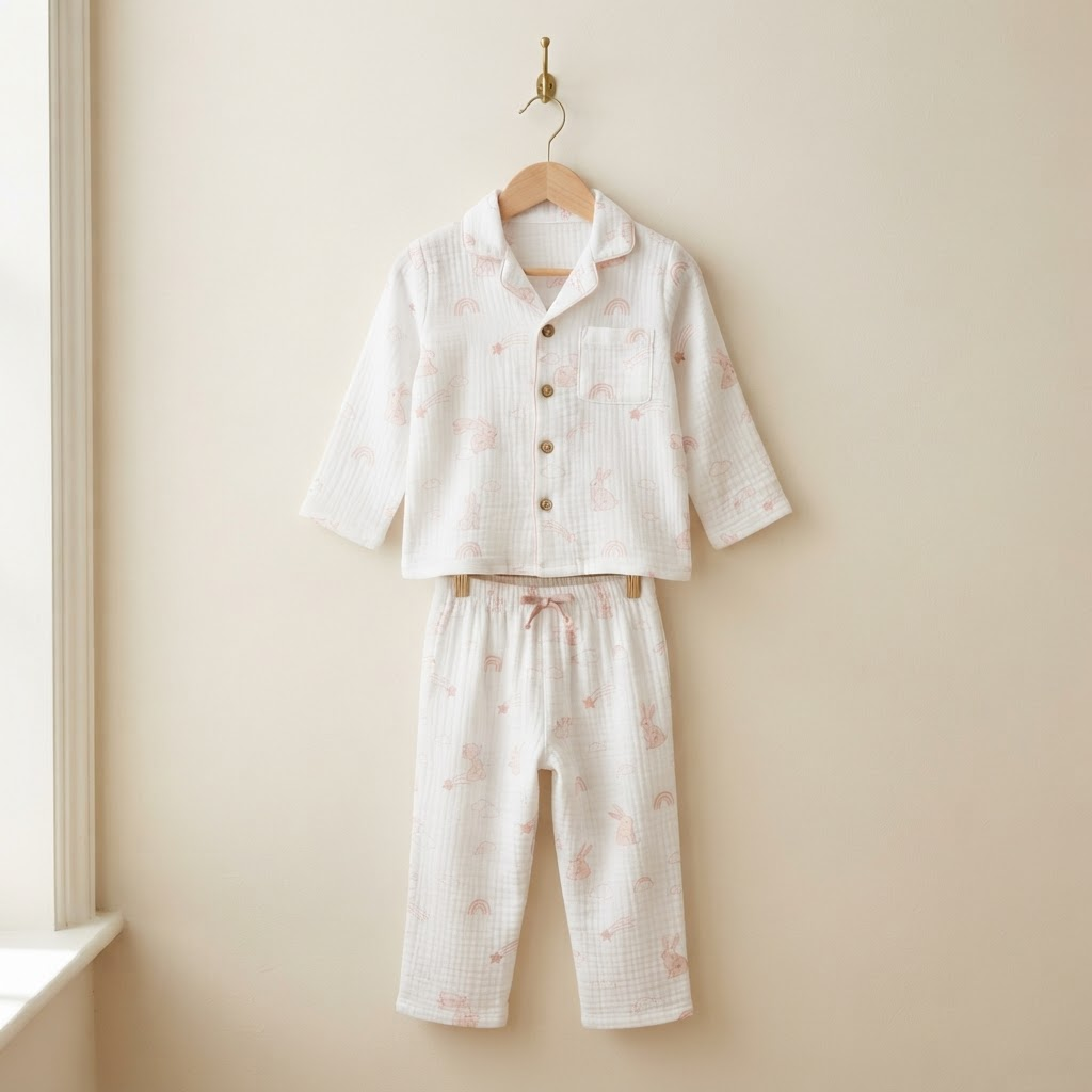 Soft white muslin pyjama set with blush bunnies, rainbows, clouds and shooting stars, on a hanger against a cream wall