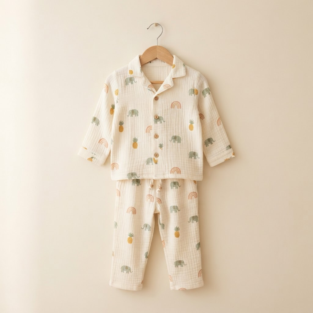 Warm ivory muslin full-sleeve pyjama set printed with sage, peach and mustard elephants, rainbows and pineapples, on a hanger against a cream wall