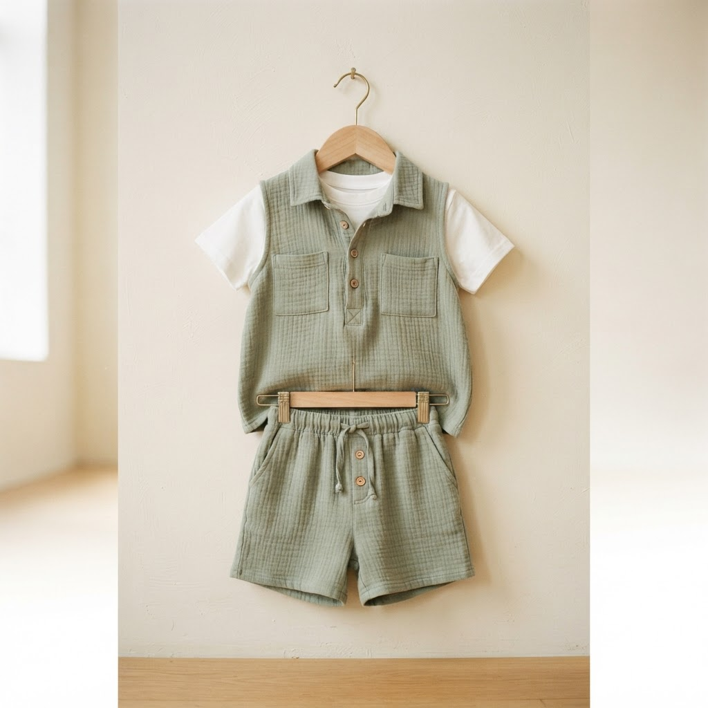 Sage green double-gauze muslin sleeveless overshirt with monstera leaf print, matching shorts and a white inner tee, on a hanger against a cream wall