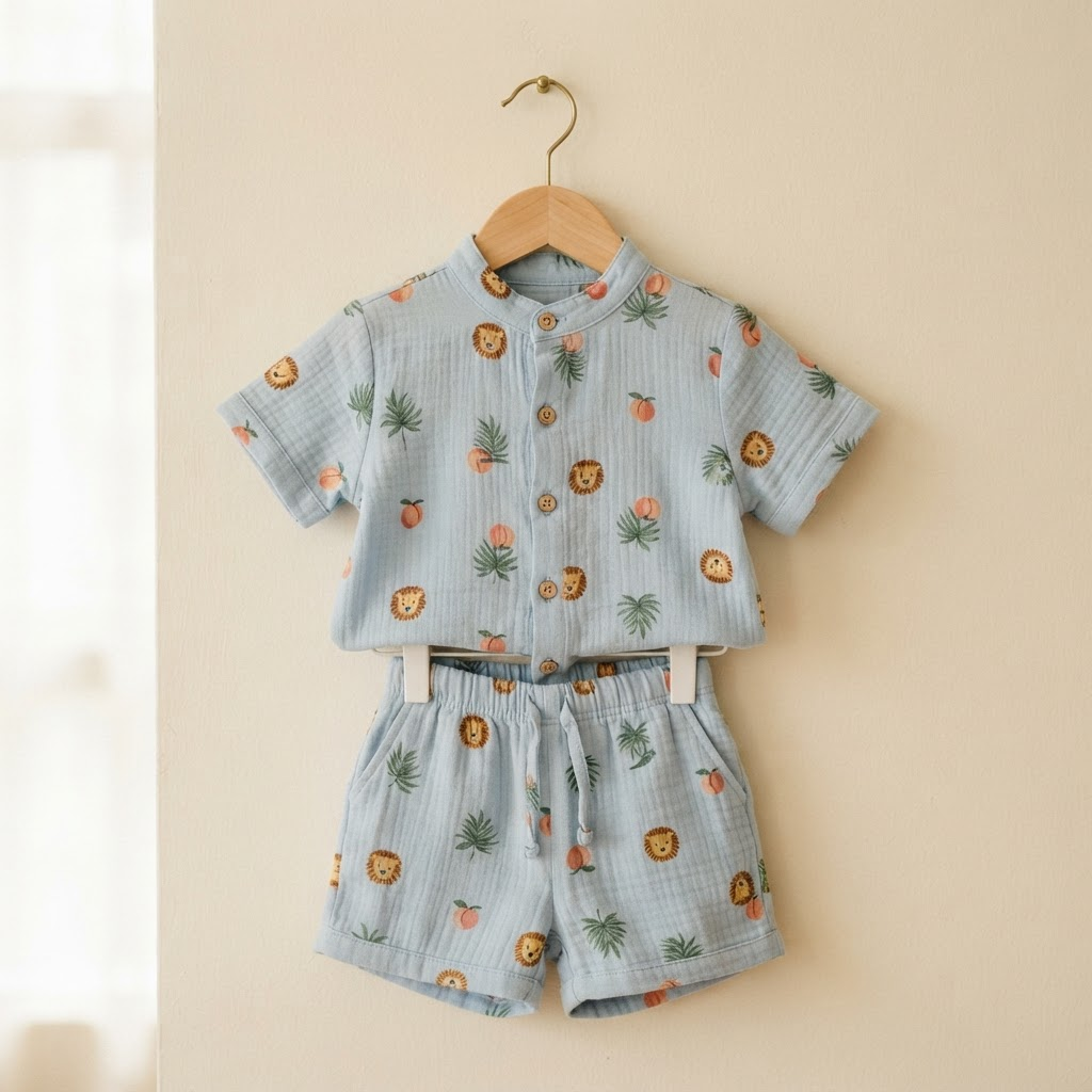 Powder blue muslin mandarin-collar shirt with matching shorts printed with lion faces, palm fronds and peaches, on a hanger against a cream wall
