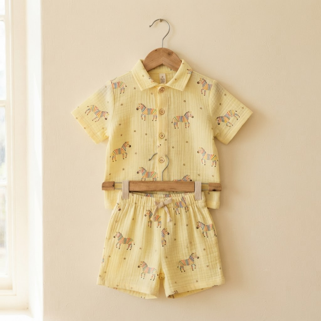 Pale lemon muslin half-sleeve shirt and shorts co-ord printed with rainbow-striped zebras and stars, on a hanger against a cream wall
